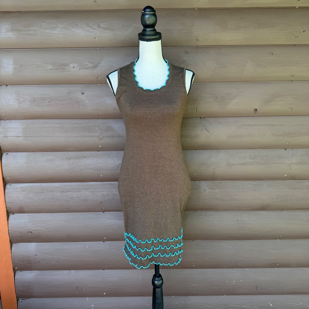 Laura Hlavac Brown Tank Dressβ Size S Turquoise Wavy Lettuce Edge Trim Knit